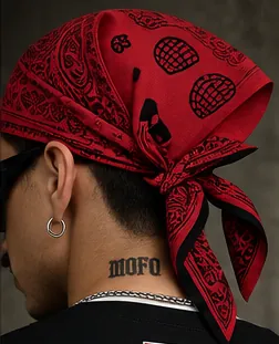Bandana MOFO rossa annodata in testa